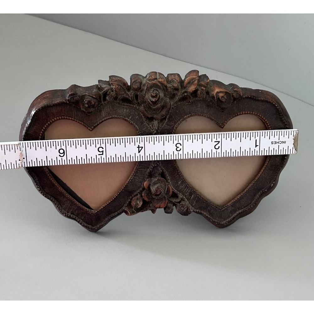Vintage 7" Long Picture Frame Wood Carved Look - Rose Flower Double Heart Shape - Picture 7 of 8